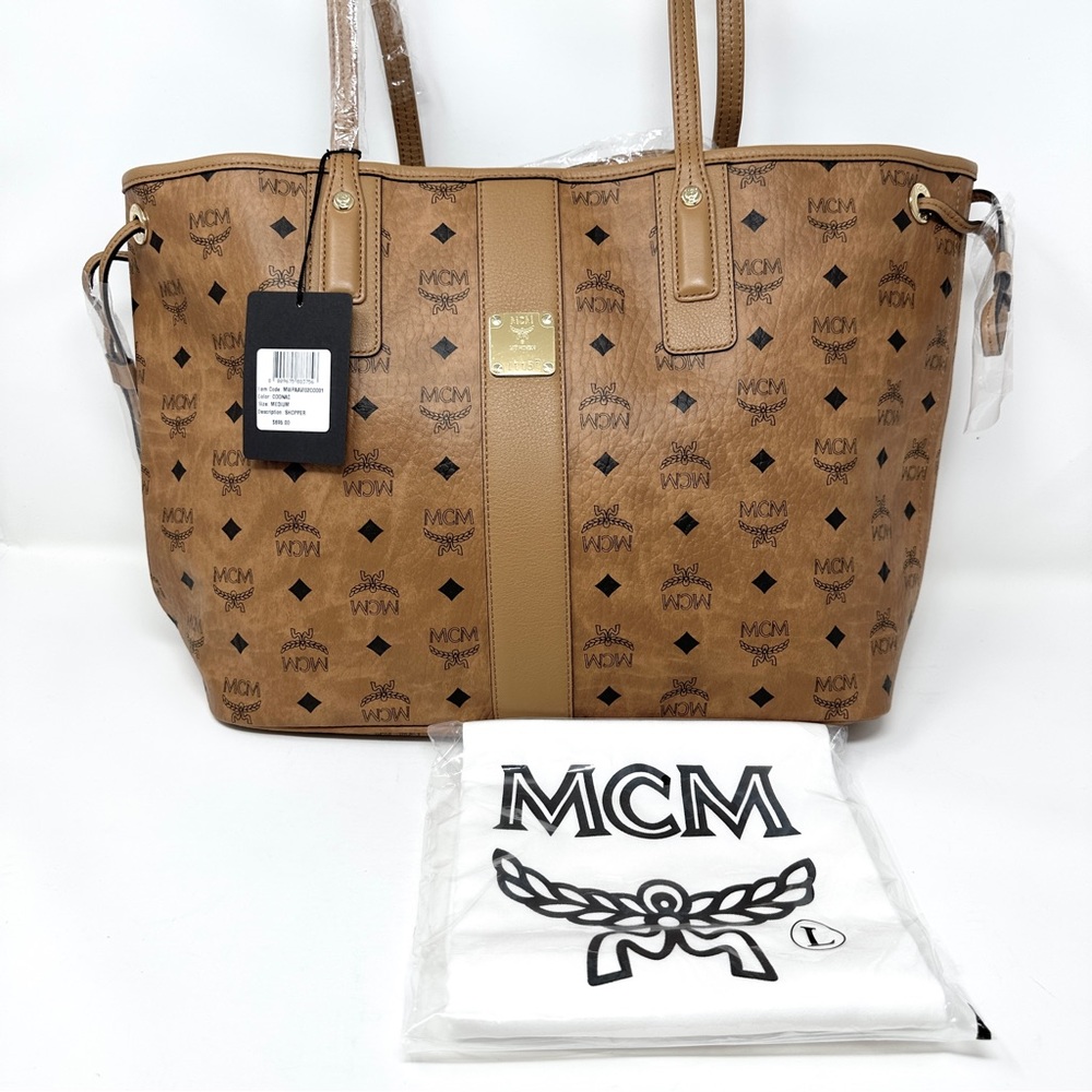 MCM Reversible Medium Shopper Tote Women Handbag with zip pouch classic cognac